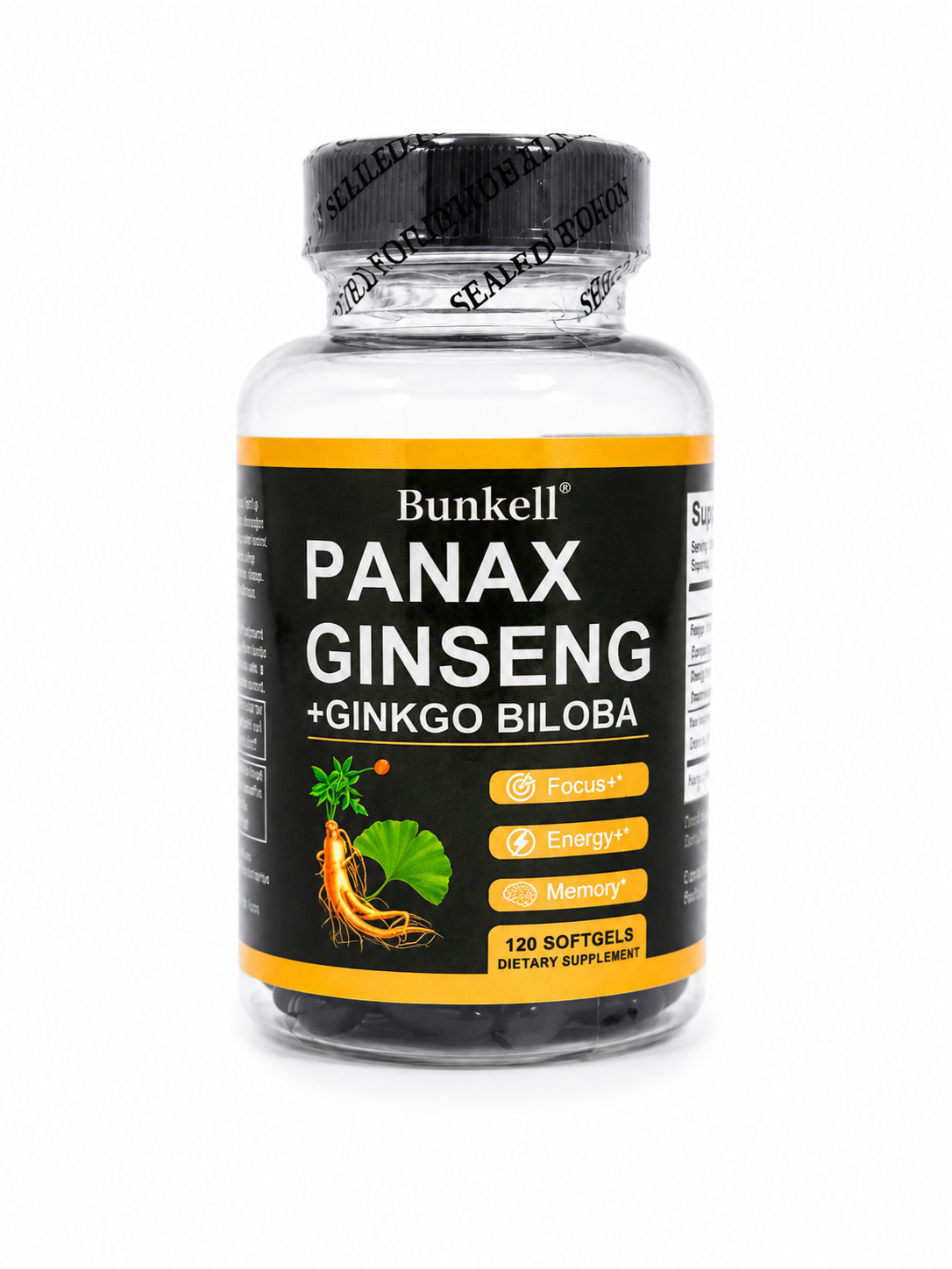 Suplemento dietético de Panax Ginseng y Ginkgo Biloba en cápsulas blandas, 120 unidades.