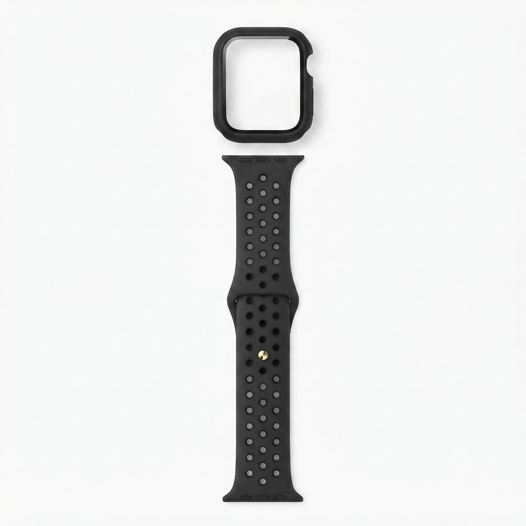 Banda deportiva negra con perforaciones para Apple Watch Nike.