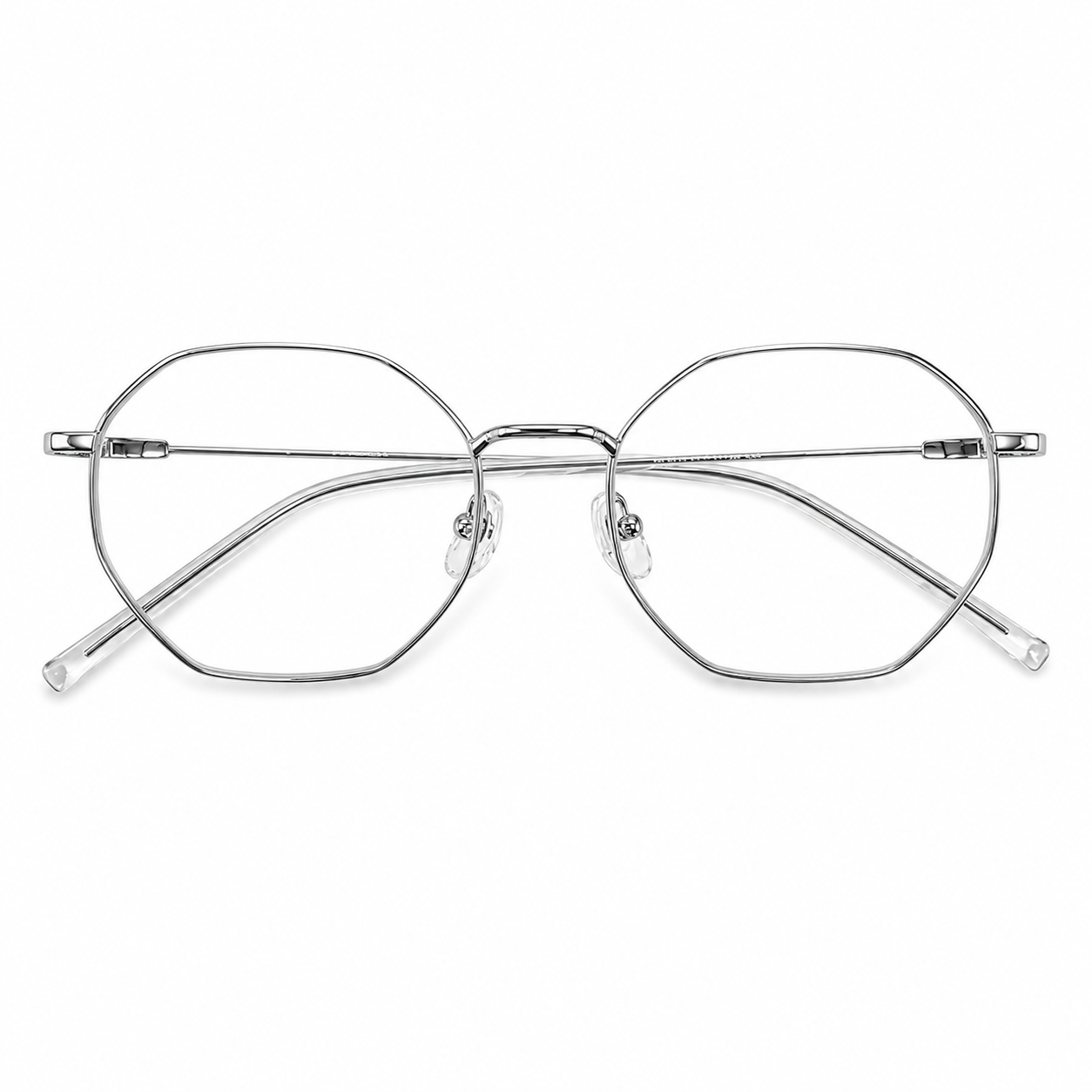 Gafas geométricas plateadas con cristales transparentes.