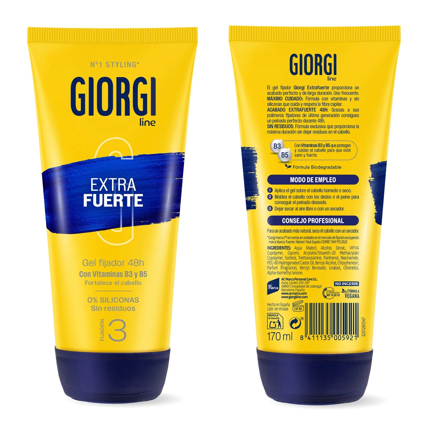 Gel fijador con vitaminas B3 y B5,ofrece una fijación duradera de hasta 48 horas sin dejar residuos en el cabello.