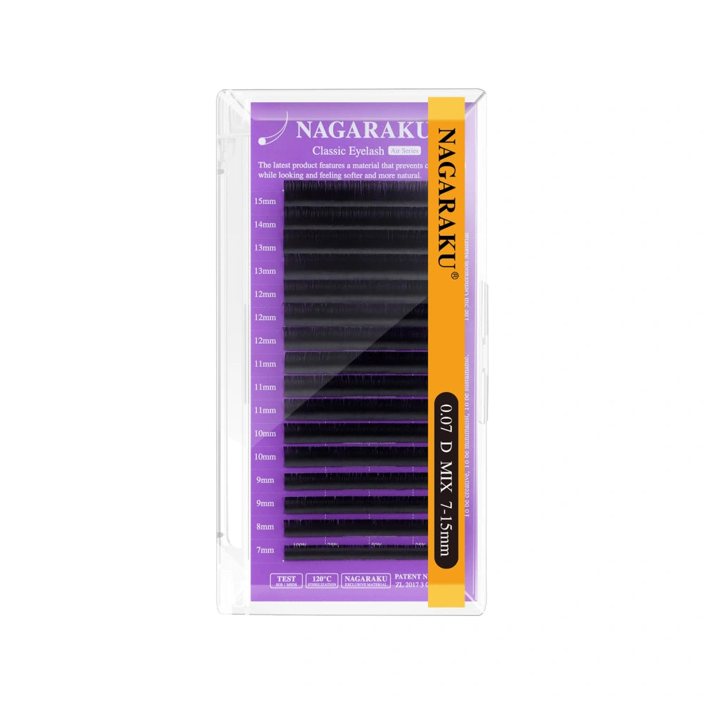 Pack de extensiones de pestañas clásicas curvatura D de 0.12 mm en medidas mixtas de 7 a 15 mm.