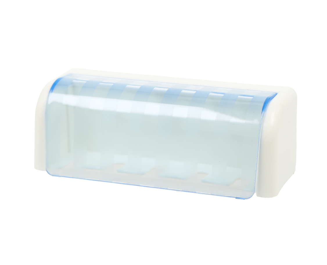 Soporte de pared para cepillos de dientes de plástico blanco con una cubierta transparente azul