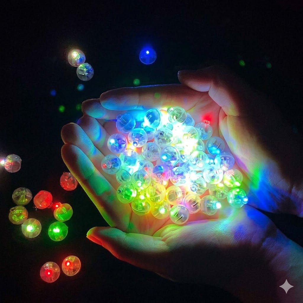 Pack de mini luces LED redondas, ideales para iluminar globos y decoraciones de fiestas.