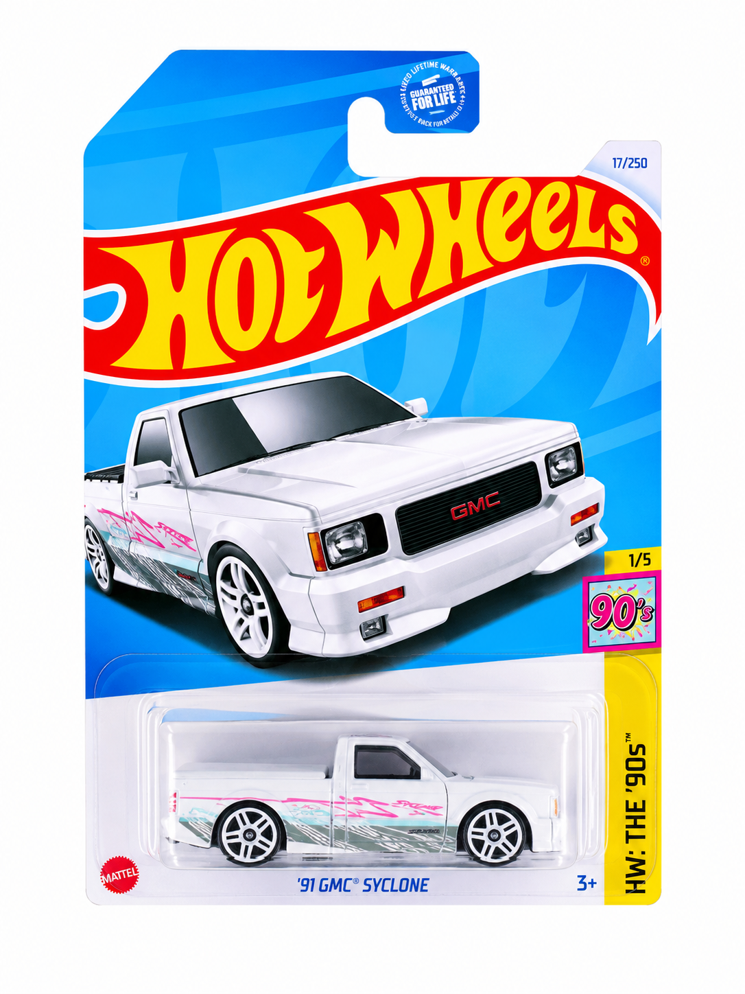 Camioneta de colección a escala '91 GMC Syclone en color blanco con gráficos estilo años 90.