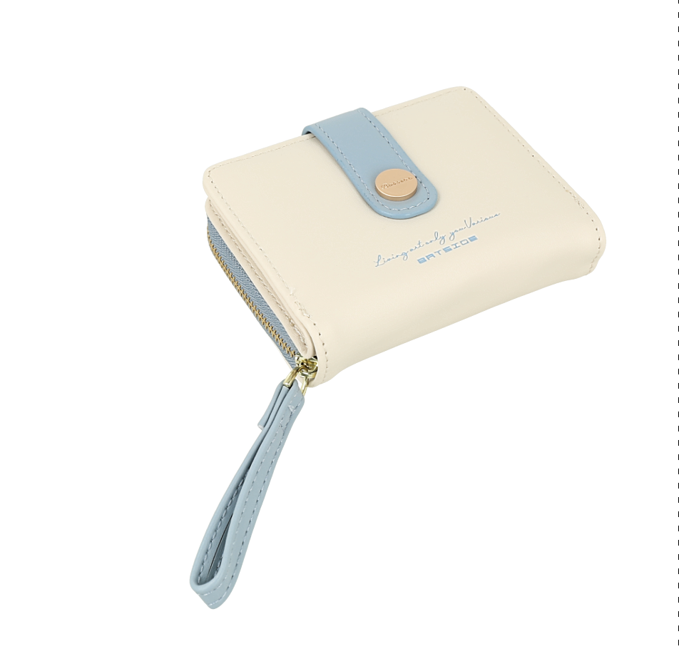 Bbilletera compacta de piel sintética para mujer con detalles en azul claro y blanco