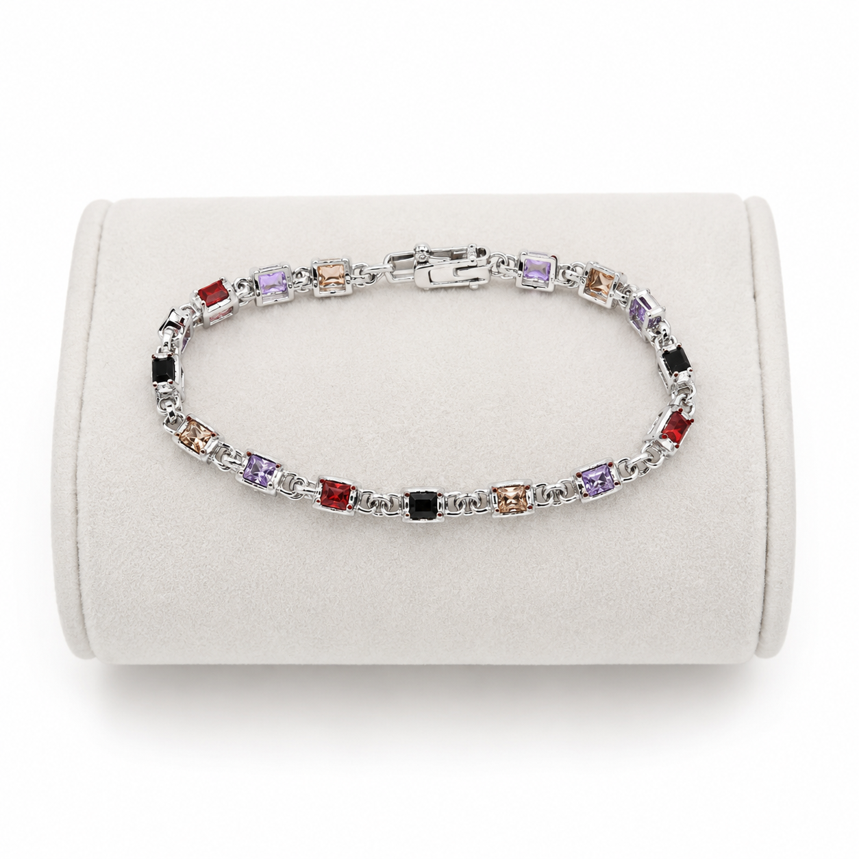 Pulsera con piedras cuadradas multicolor y diseño elegante.