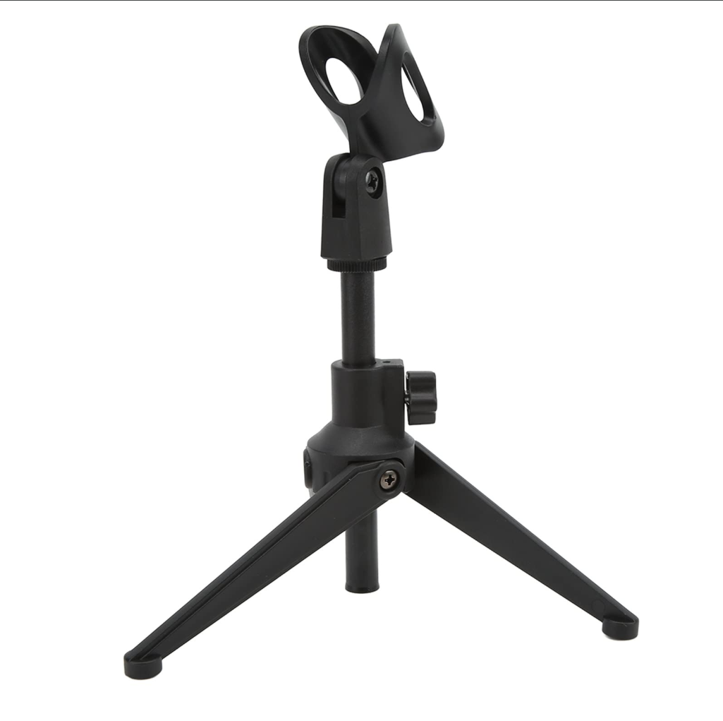 Trípode de escritorio negro portátil está diseñado para sostener micrófonos u otros dispositivos compactos.