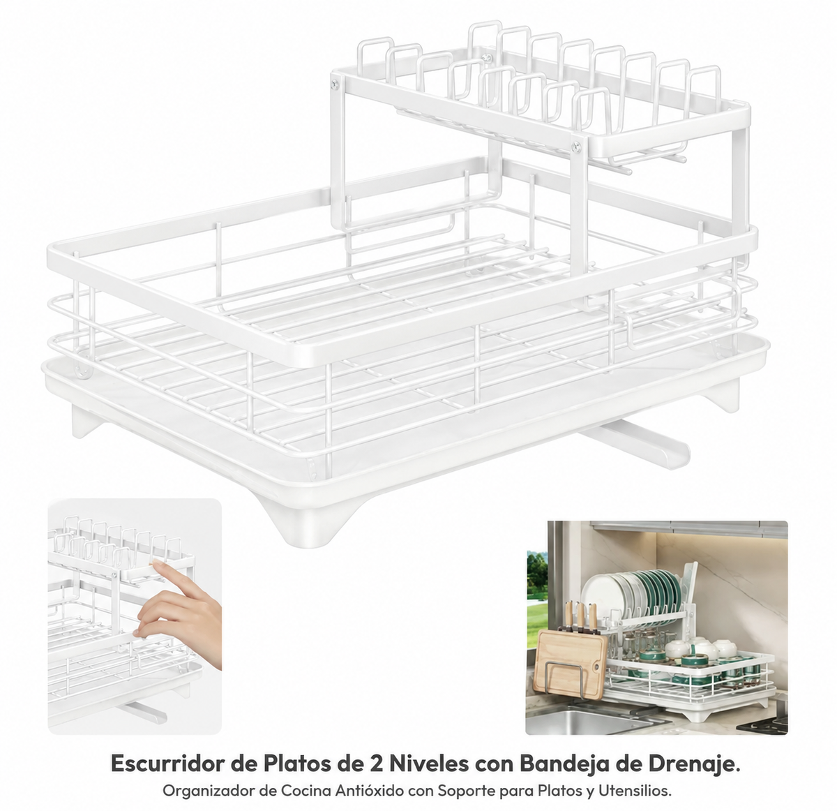 Escurridor de platos blanco de 2 niveles con bandeja de drenaje.
