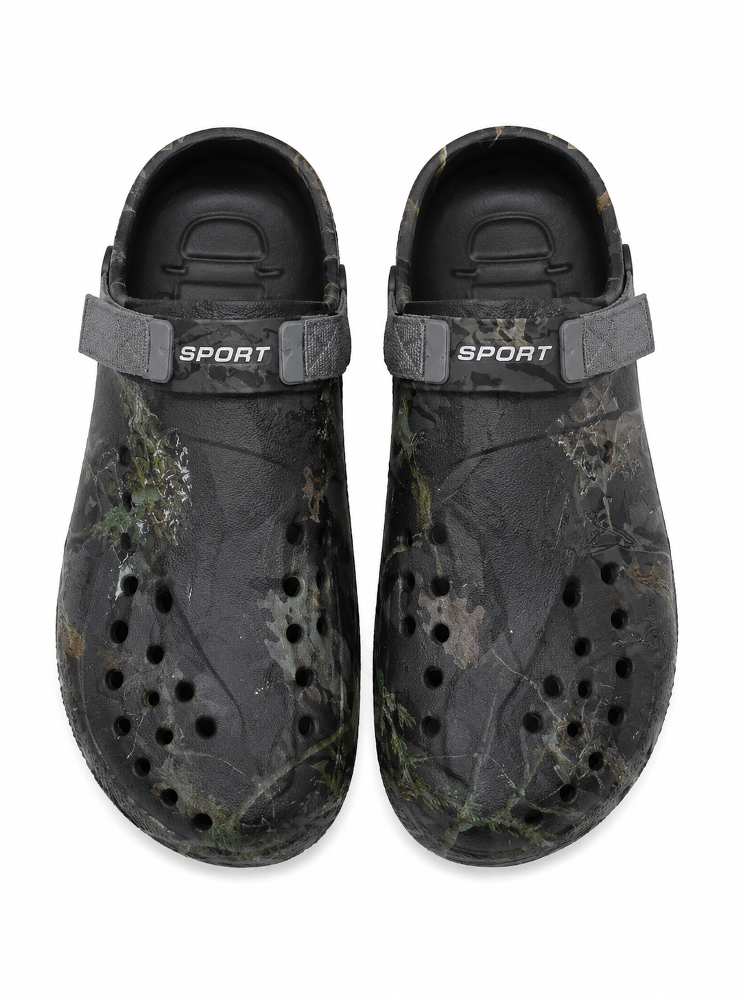 Zuecos deportivos de camuflaje con ventilación y correa ajustable, talla 42.