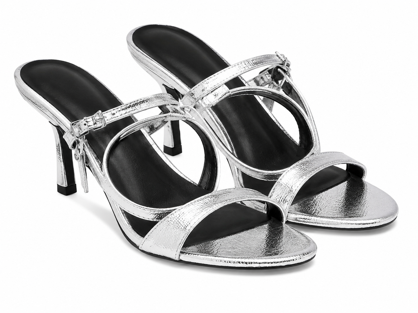 Sandalias de tacón abierto con tiras metálicas plateadas para mujer, talla 38.