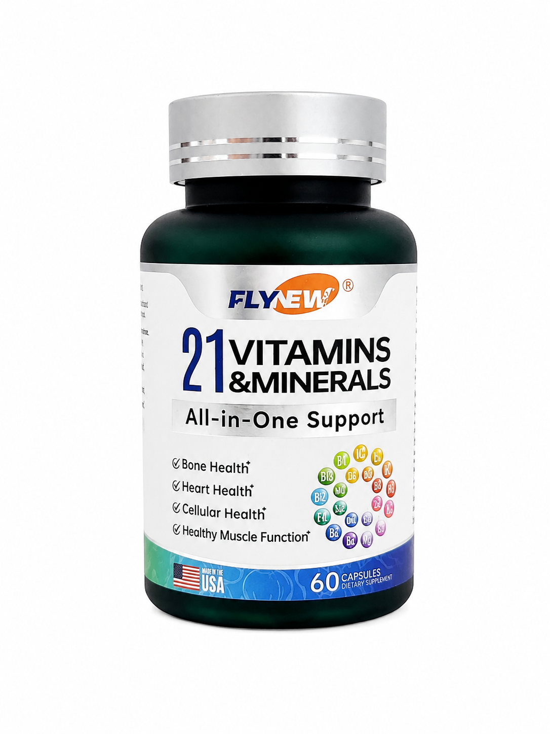 Suplemento Multivitamínico con 21 Vitaminas y Minerales, 60 Cápsulas.