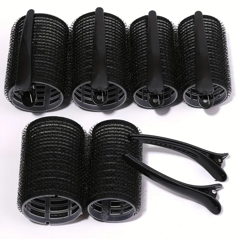 Rulos autoadherentes de color negro diseñados para crear rizos y volumen sin necesidad de calor