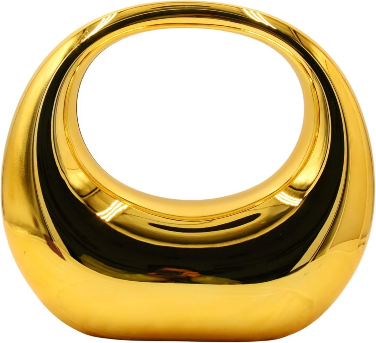 Bolso de mano dorado metálico con asa rígida integrada.