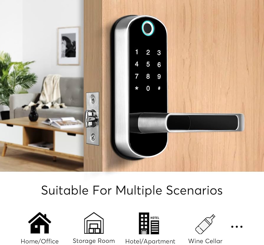 Cerradura inteligente de aleación de zinc, diseñada para montaje en puertas de madera o metal, incluye funciones como contraseñas virtuales antiespionaje y bloqueo automático después de intentos incorrectos.