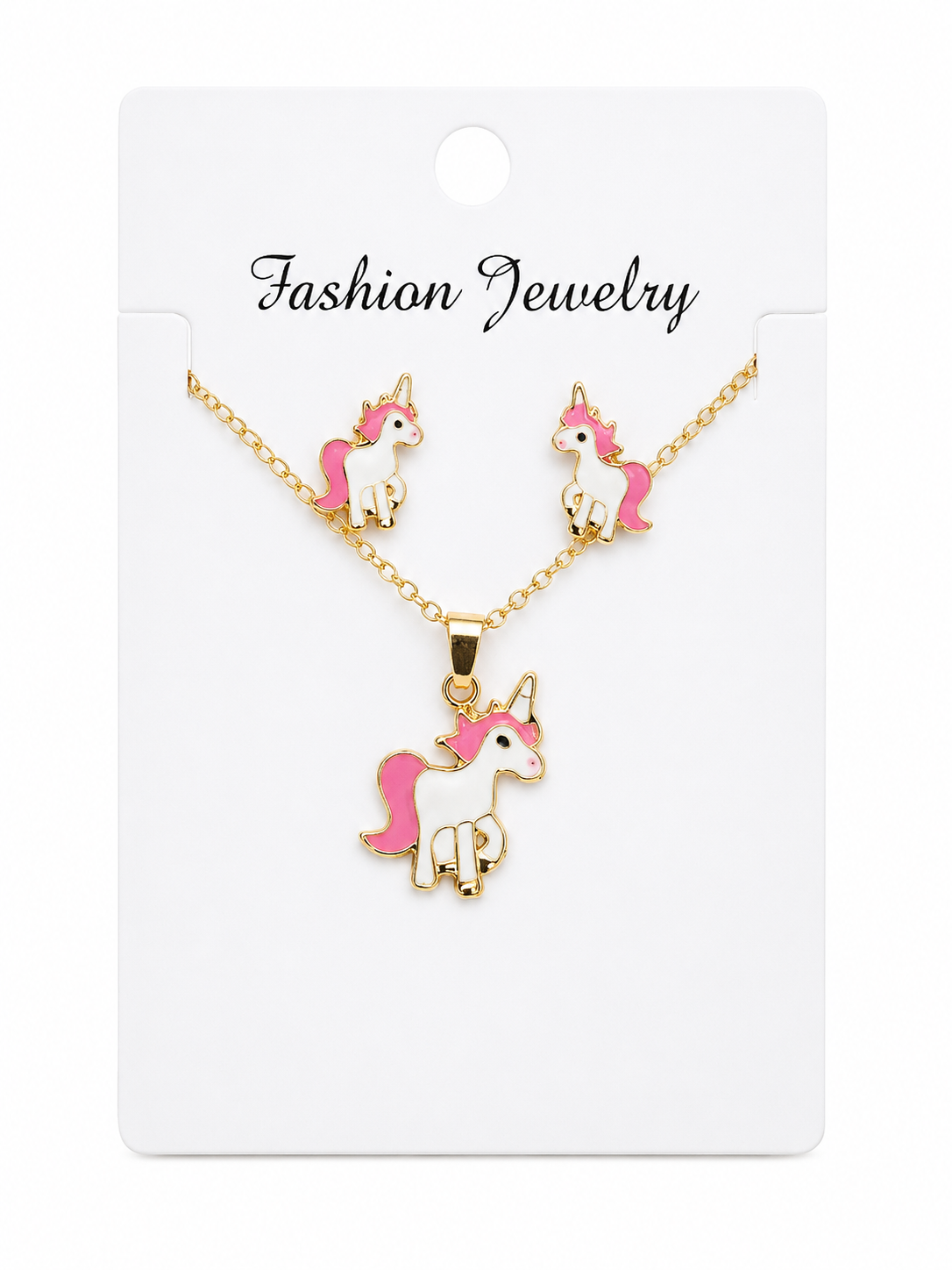 Set de Joyería Infantil con Collar y Aretes de Unicornio Color Rosa.