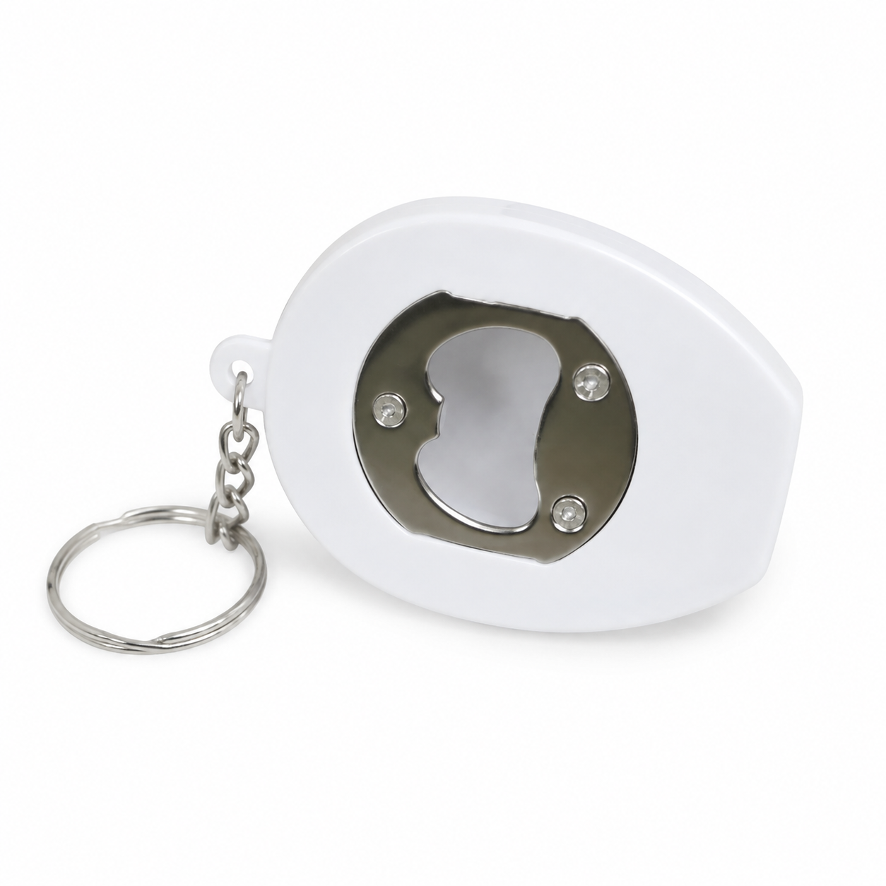 Llavero destapador compacto blanco con aro metálico.
