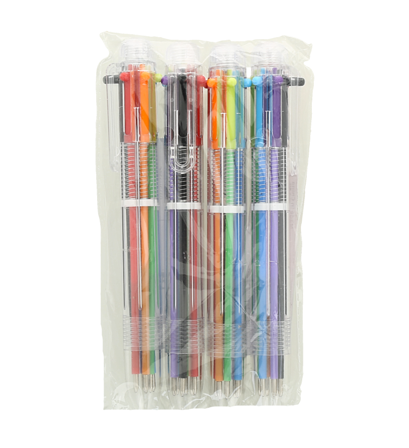 Lapiceros retráctiles multicolor con barril transparente.