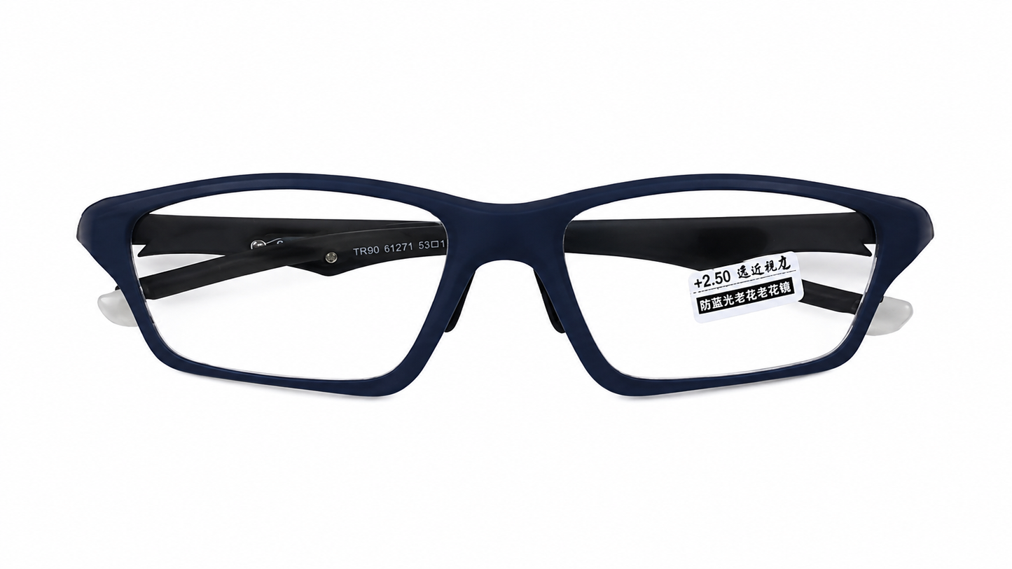 Lentes de lectura rectangulares azul oscuro con aumento +2.50.