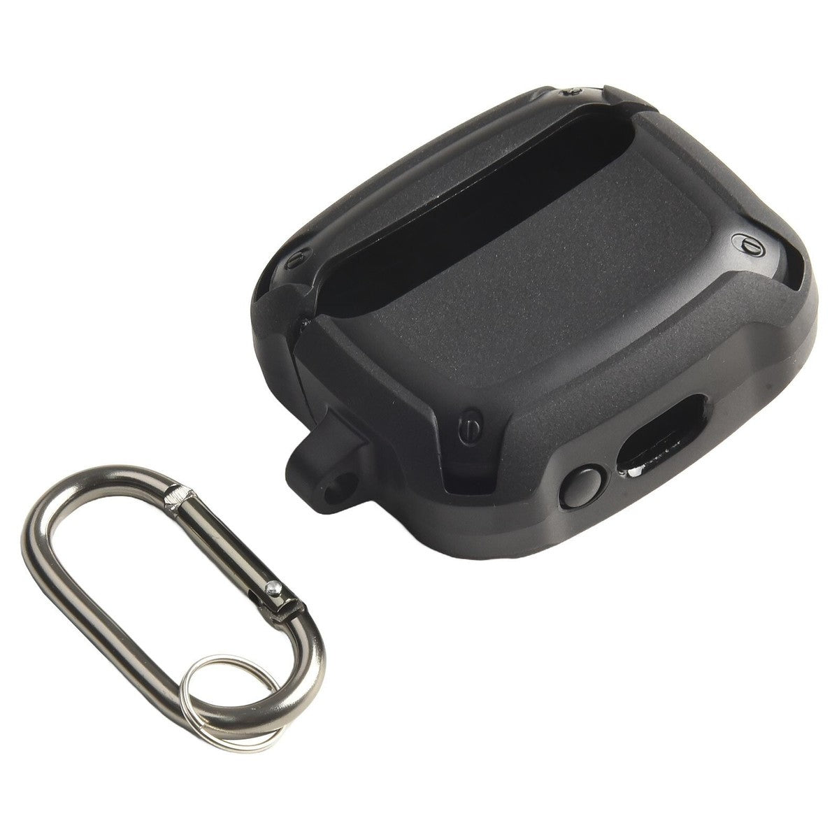Funda protectora negra para auriculares cuenta con un mosquetón metálico integrado.
