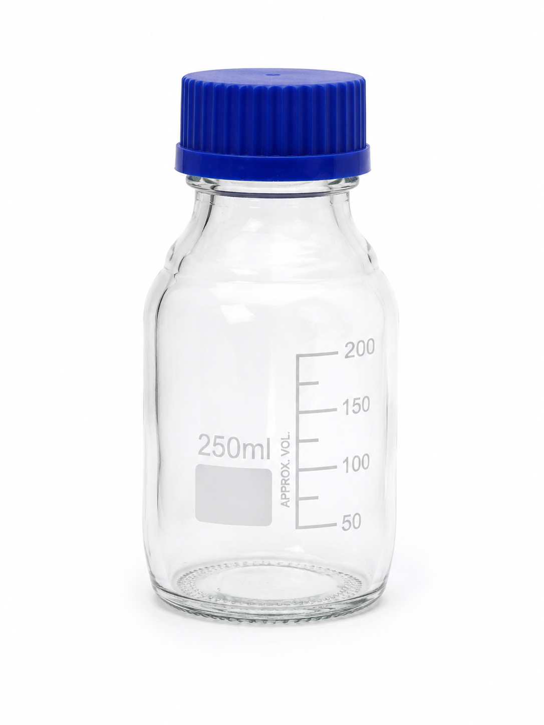 Botella de Vidrio Graduada para Laboratorio 250 ml con Tapa Rosca Azul.