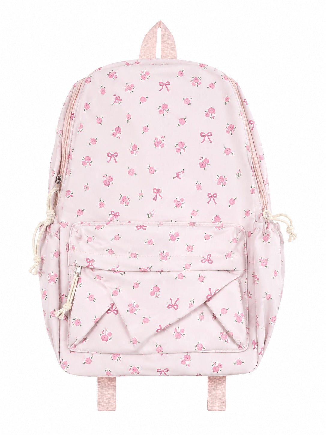 Mochila Rosa con Estampado Floral y Lazos, Bolsillo Frontal y Compartimentos Laterales.