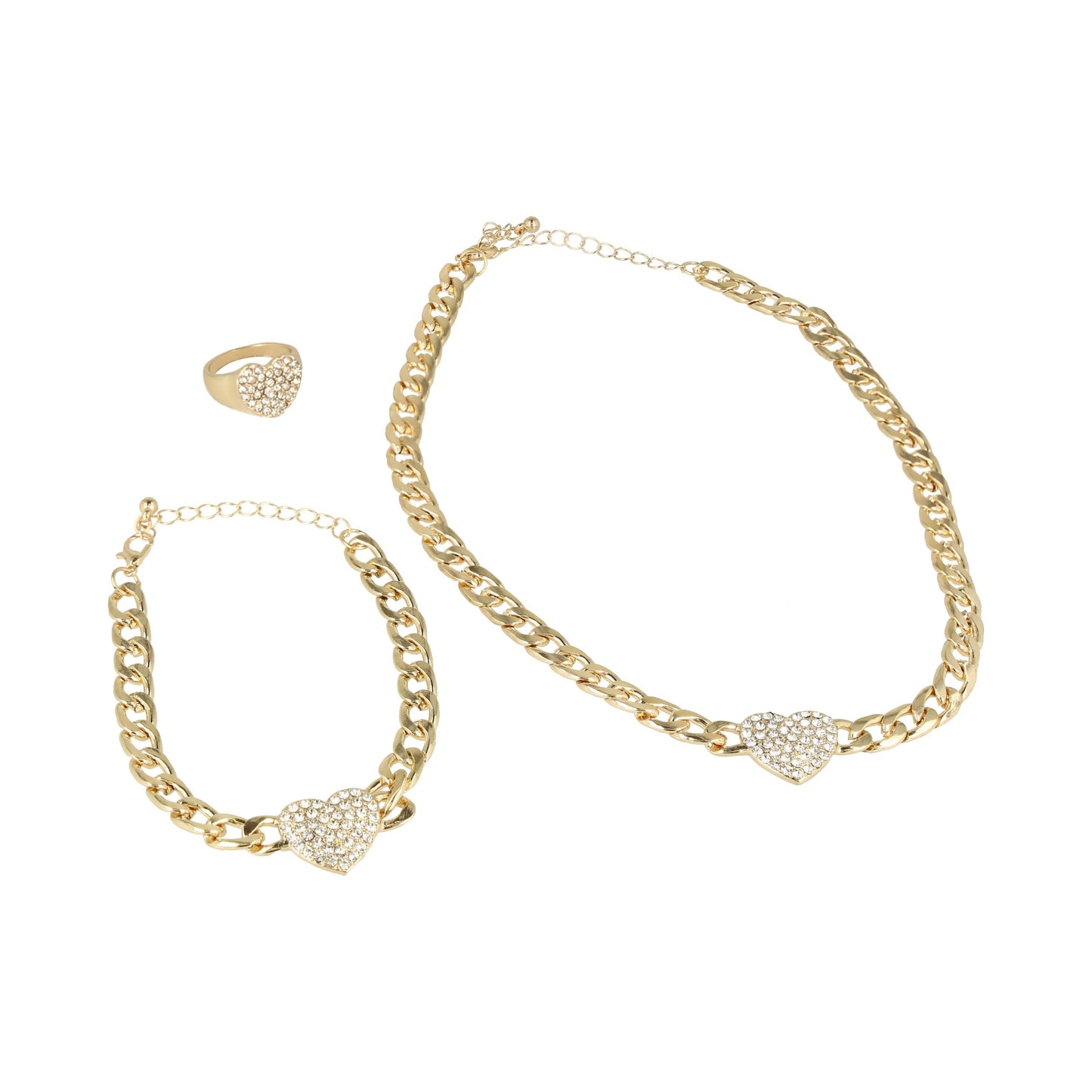 3 piezas accesorios dorados, brazalete, coyar y anillo.