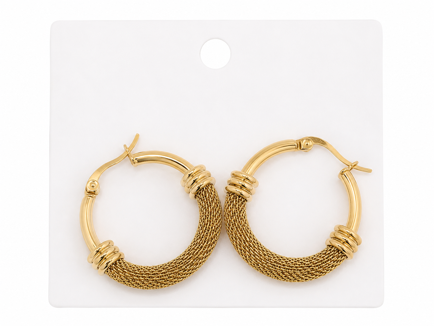 Pendientes de aro texturizados color dorado de acero inoxidable para mujer.