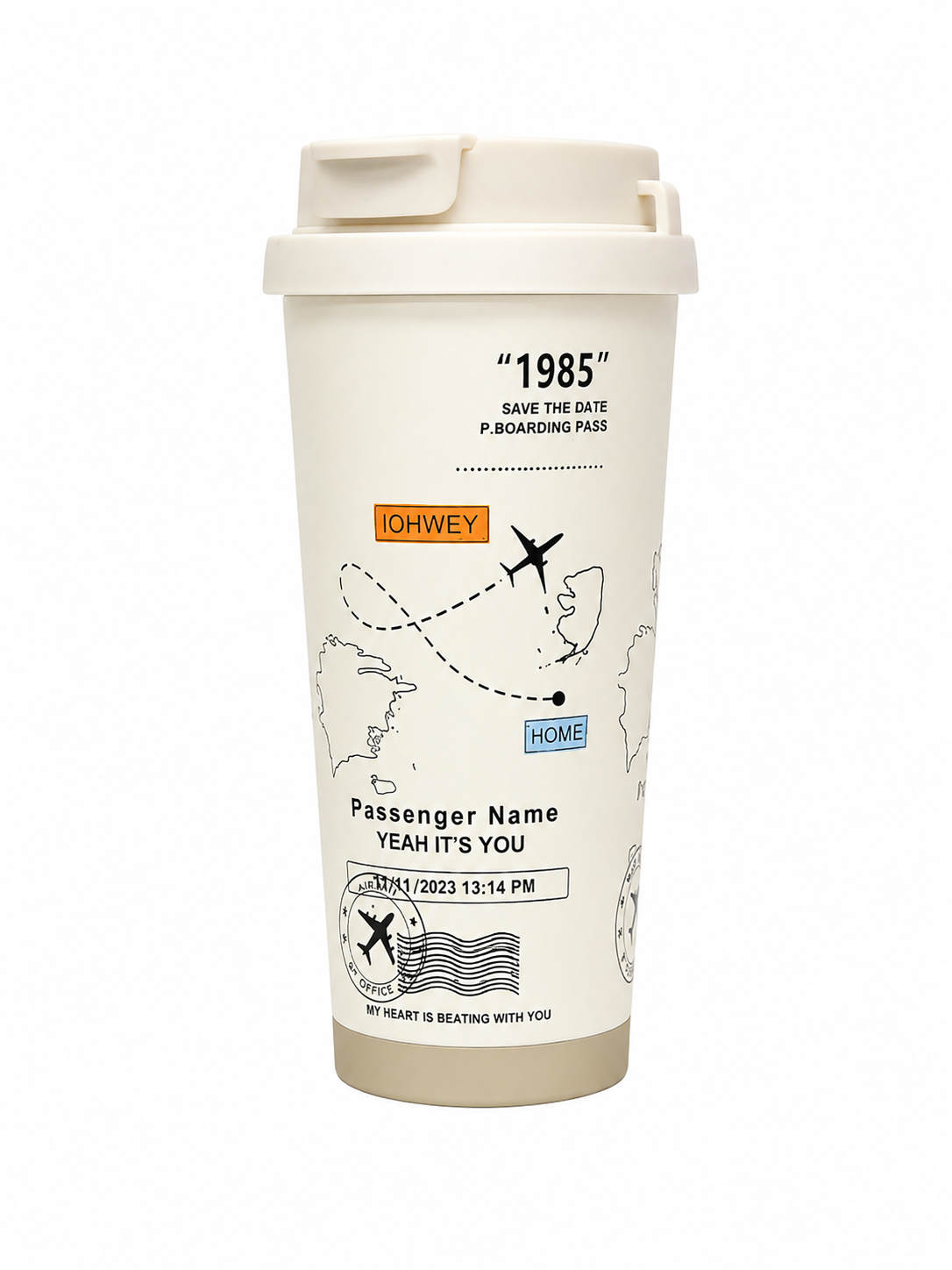 Vaso térmico reutilizable con tapa abatible para café y bebidas 530 ml color beige.