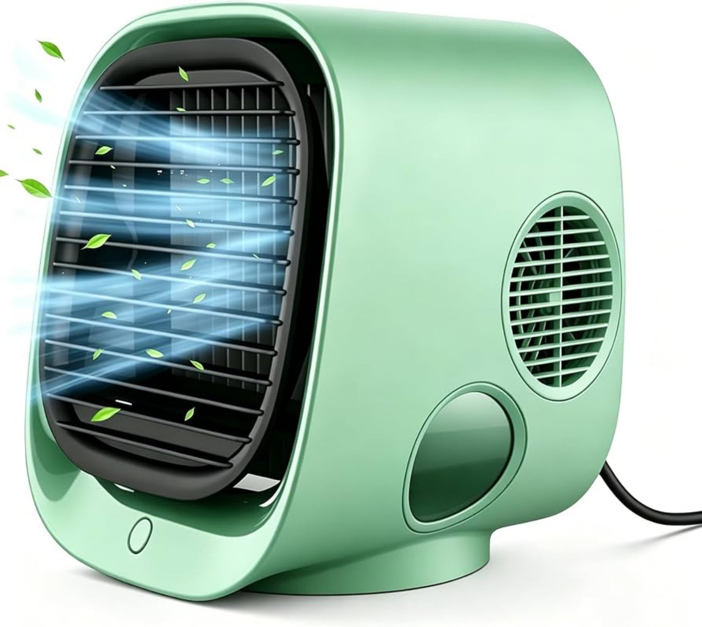 Mini enfriador de aire portátil verde con ventilador.