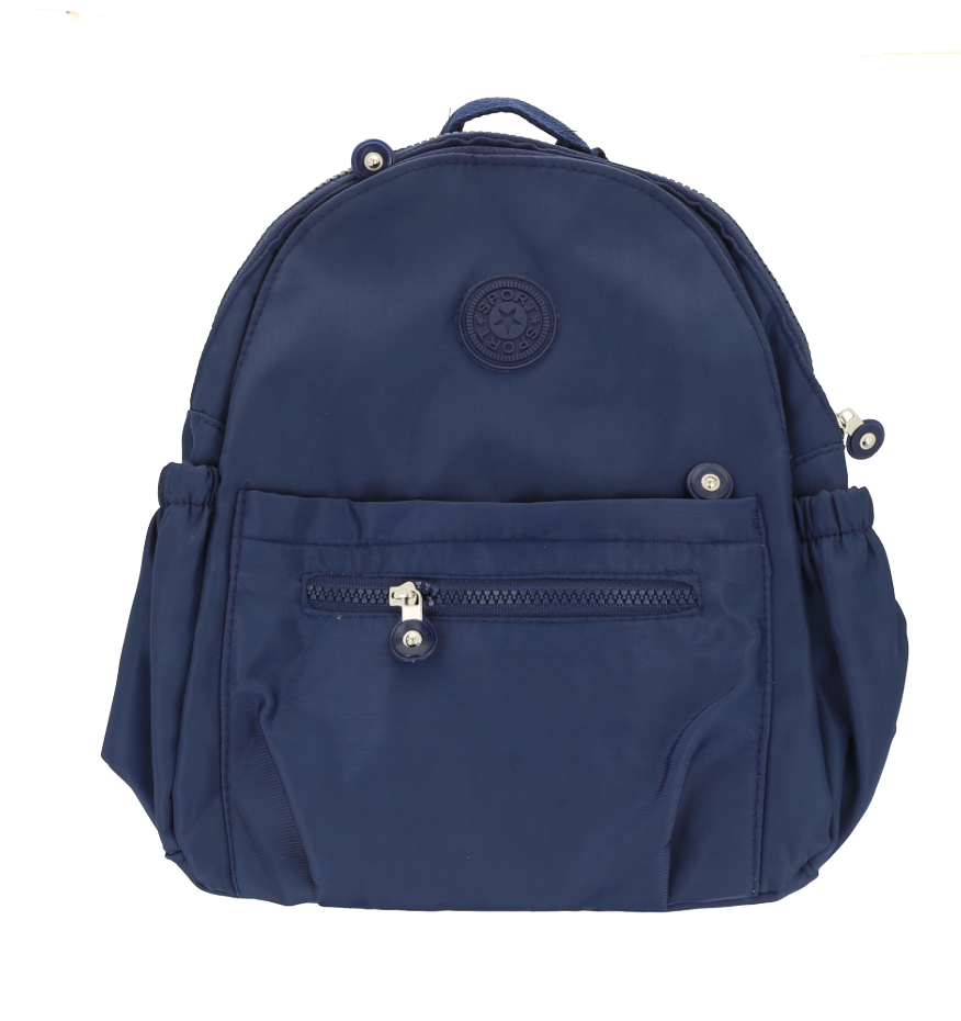 Mochila pequeña azul marino, hecha de nylon impermeable.