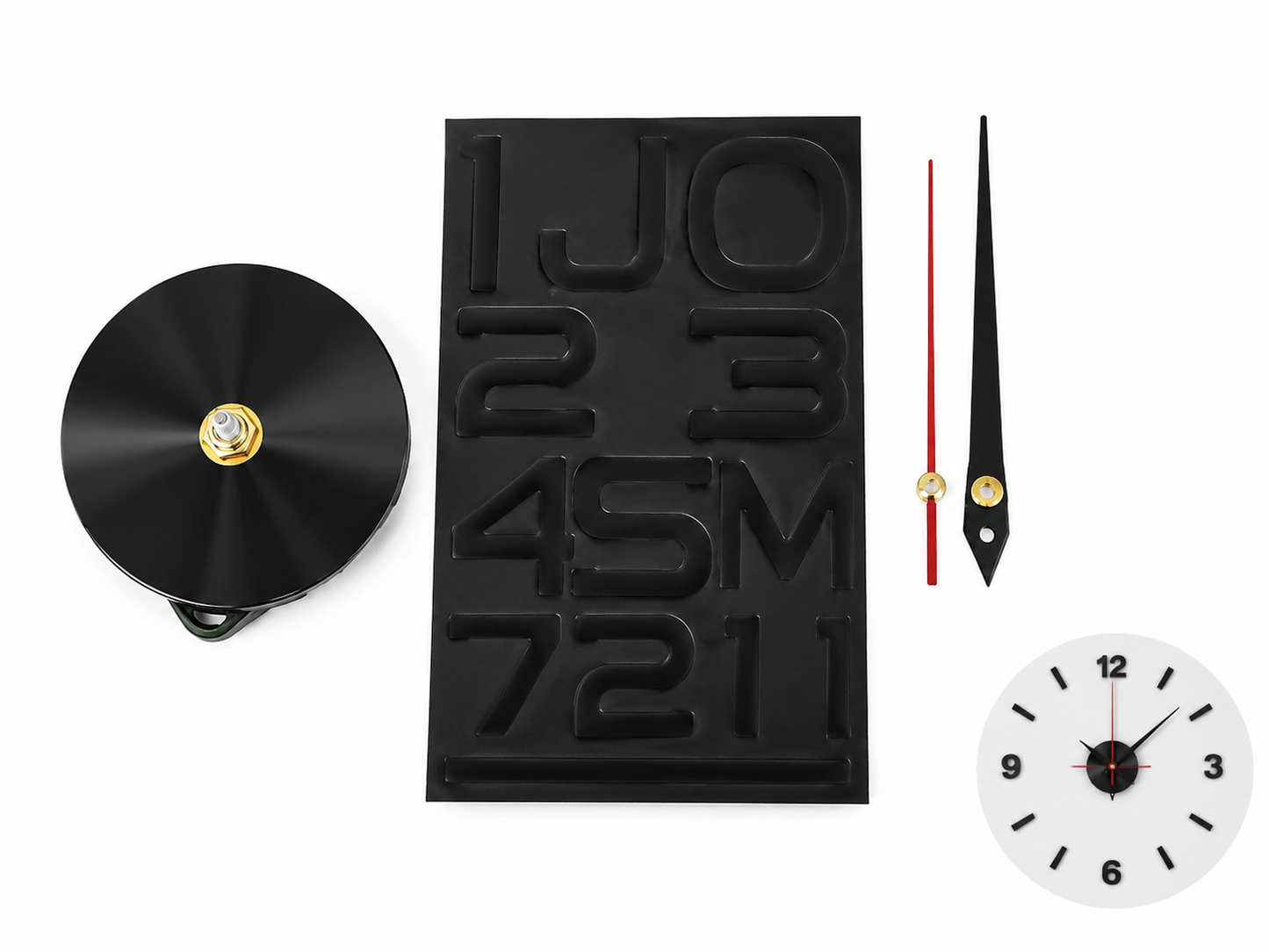 Kit para Reloj de Pared DIY con Mecanismo, Manecillas y Números Adhesivos 3D Negros.