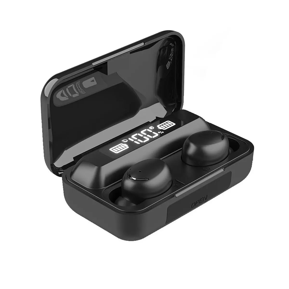 Auriculares inalámbricos negro que incluyen un estuche de carga funcional.