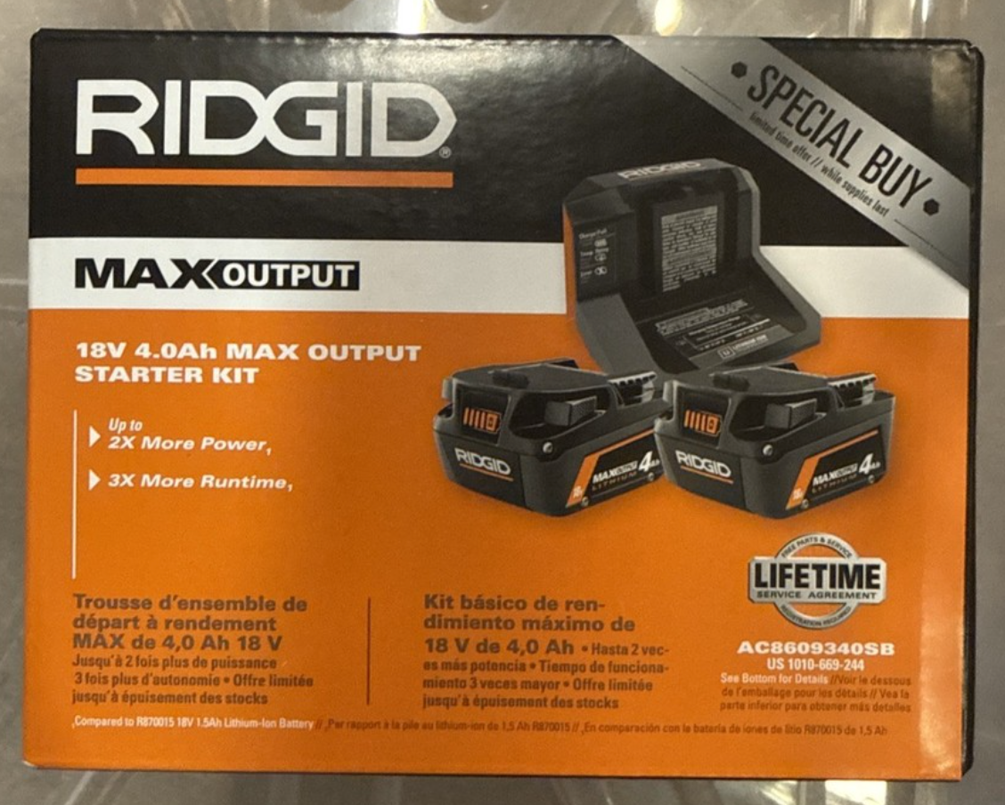 Kit RIDGID MAX Output de 18 V con (2) baterías de 4,0 Ah y 1 cargador (OB)