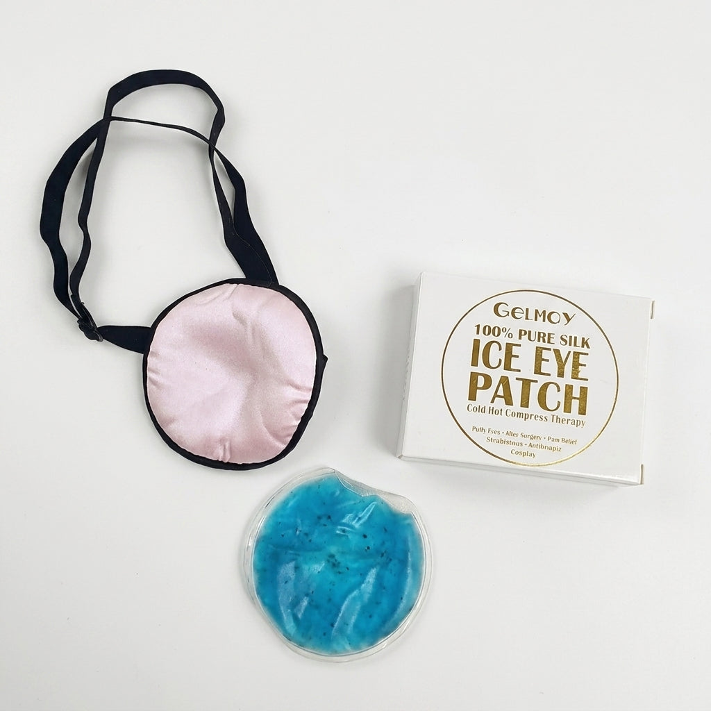 Parche ocular terapéutico con funda de seda y una compresa de gel reutilizable para terapia de frío o calor.