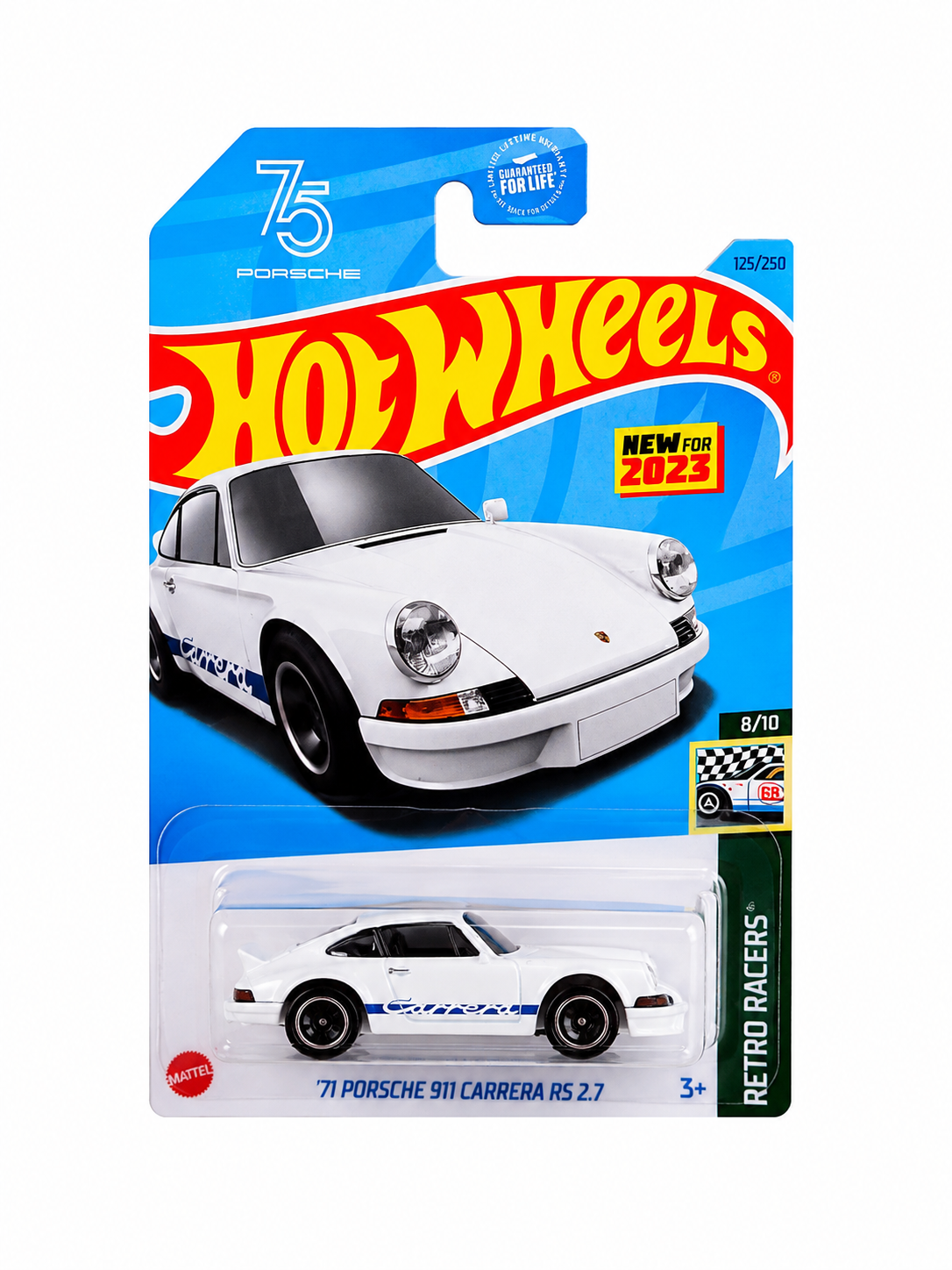 Carro de colección a escala '71 Porsche 911 Carrera RS 2.7 en color blanco con detalles azules.