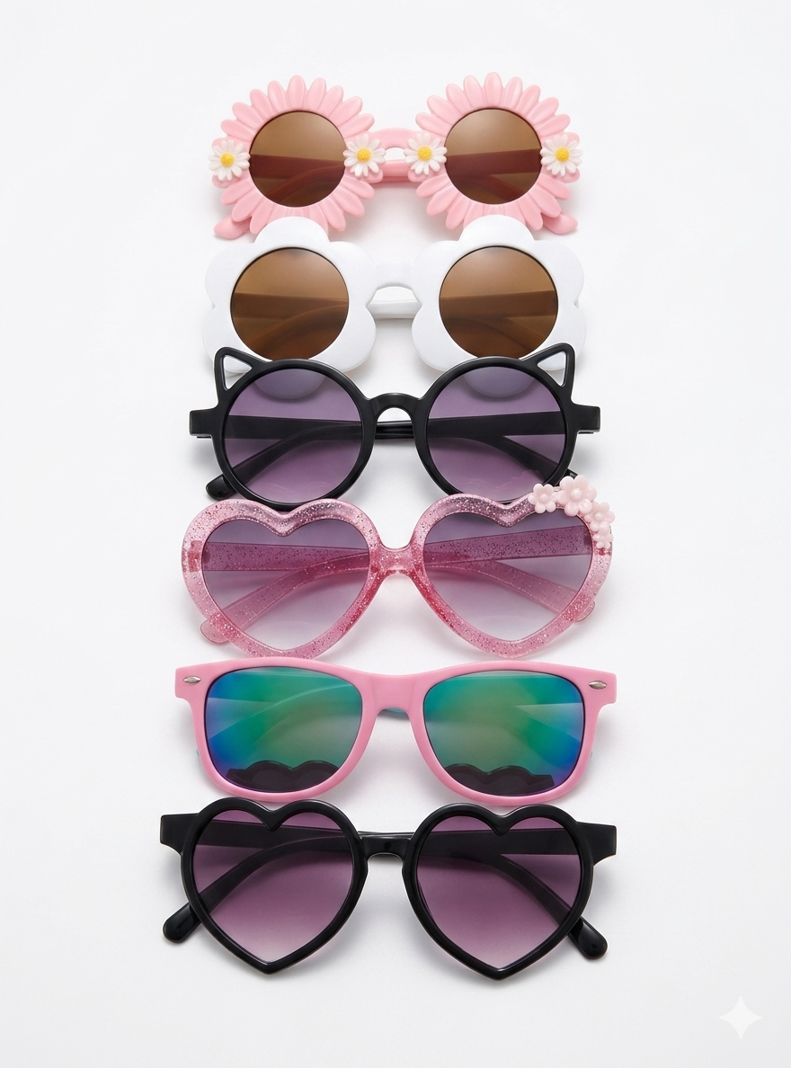 Set de Gafas de Sol para Niñas (Corazones, Flores y Estilo Gato).