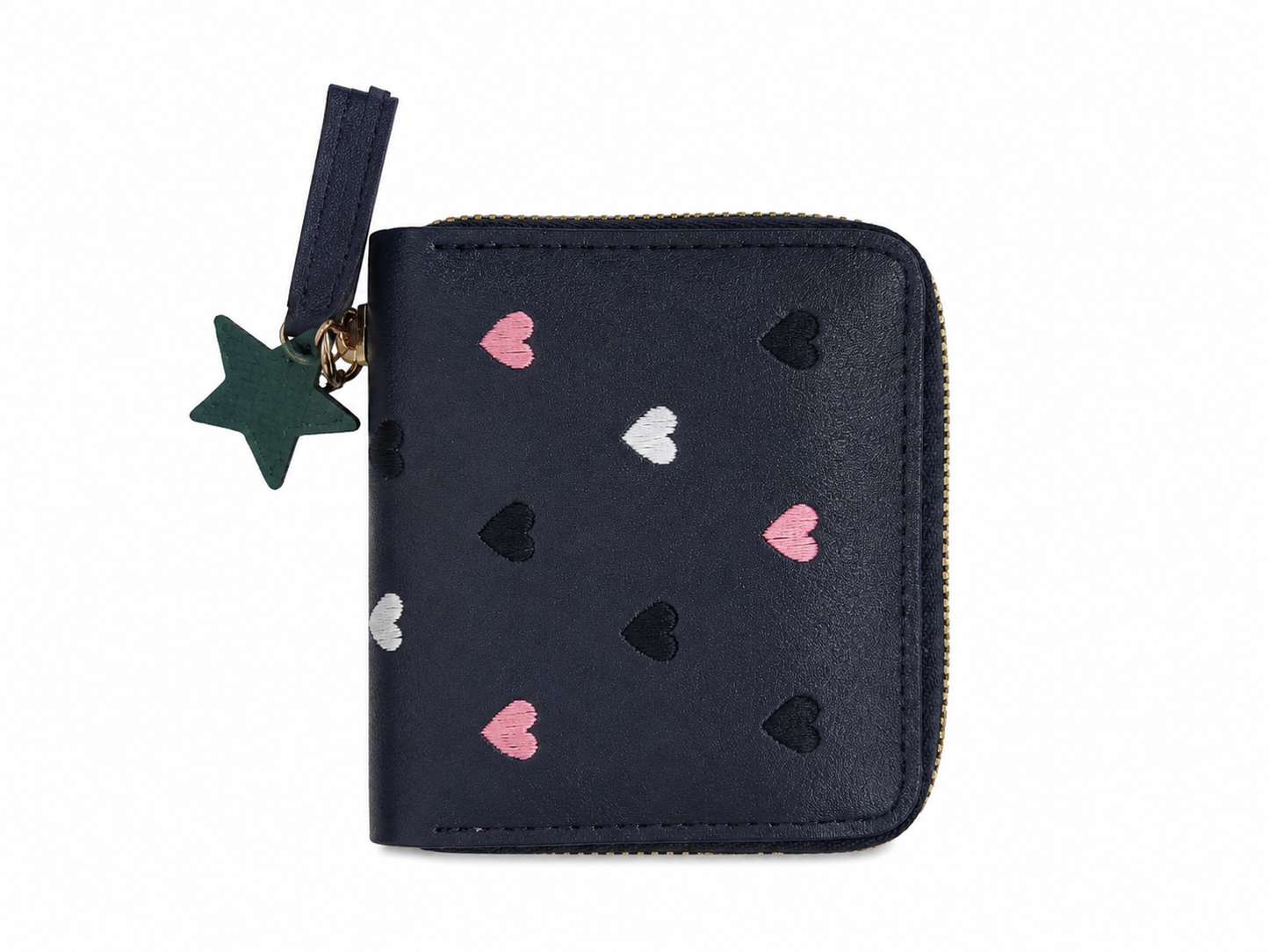 Billetera compacta con cierre de cremallera, diseño de corazones bordados y colgante decorativo en forma de estrella.