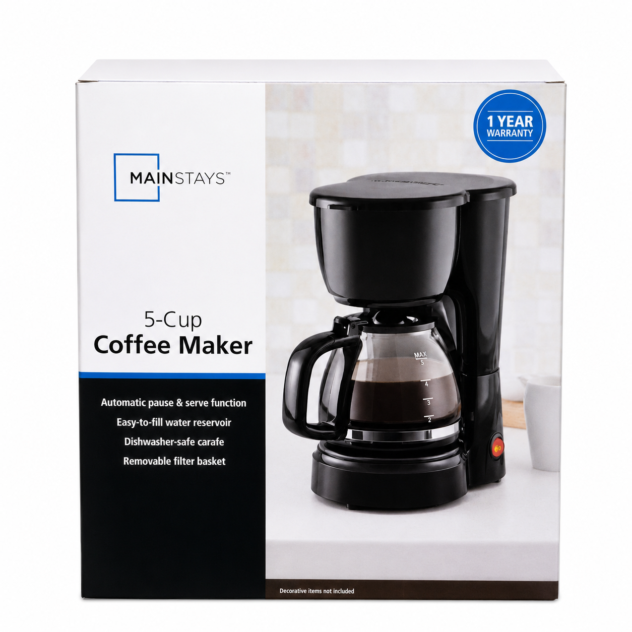 Cafetera eléctrica de goteo de 5 tazas con jarra de vidrio y filtro reutilizable, color negro.
