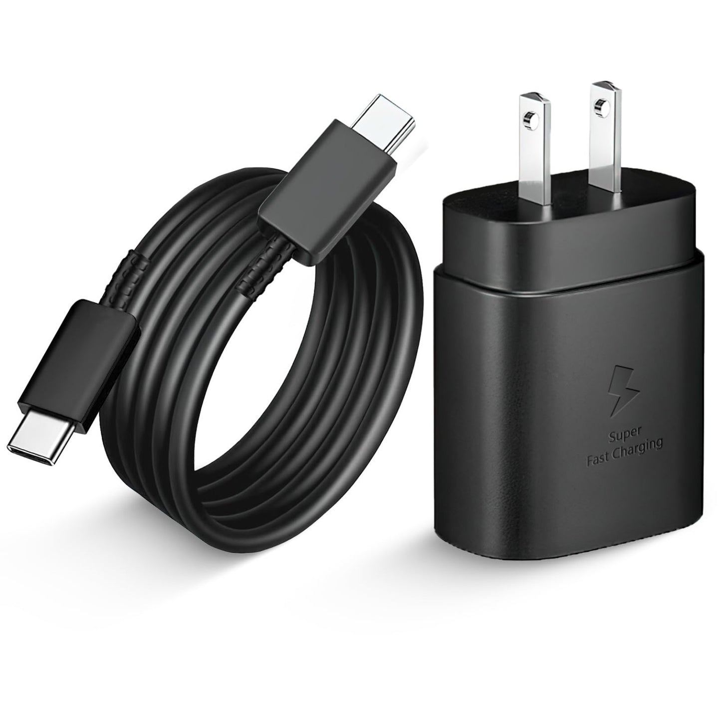 Cargador de pared con cable USB-C de carga rápida color negro.