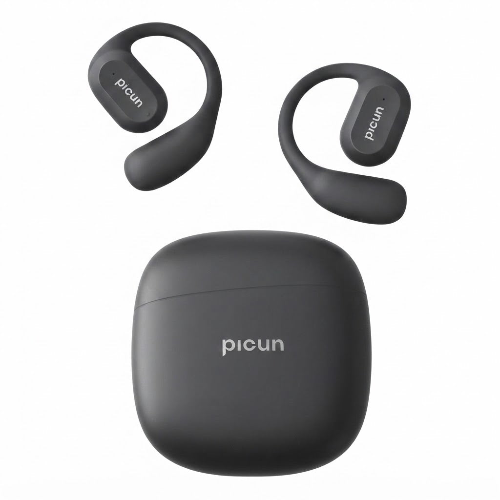 Auriculares inalámbricos de diseño abierto con gancho para la oreja.