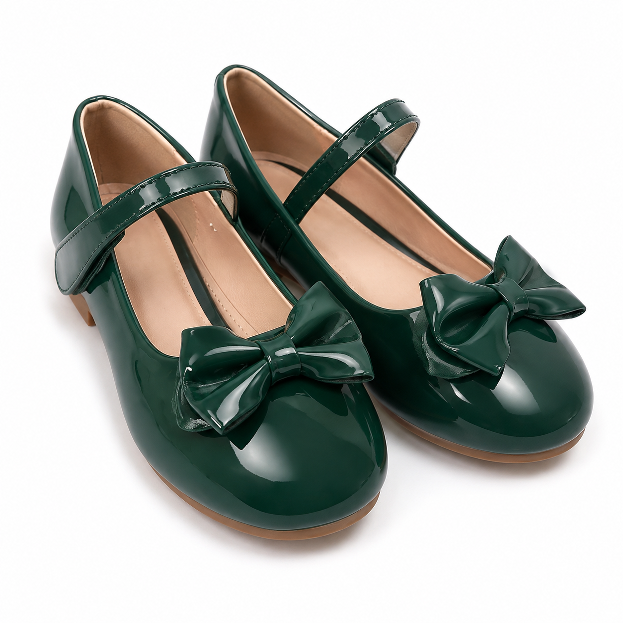 Zapatos infantiles de charol verde oscuro con lazos y correas talla 30.