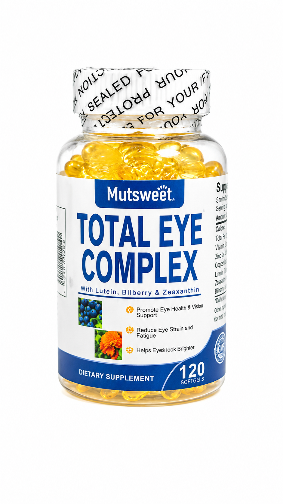 Suplemento para la salud ocular con luteína, arándano y zeaxantina en cápsulas blandas.