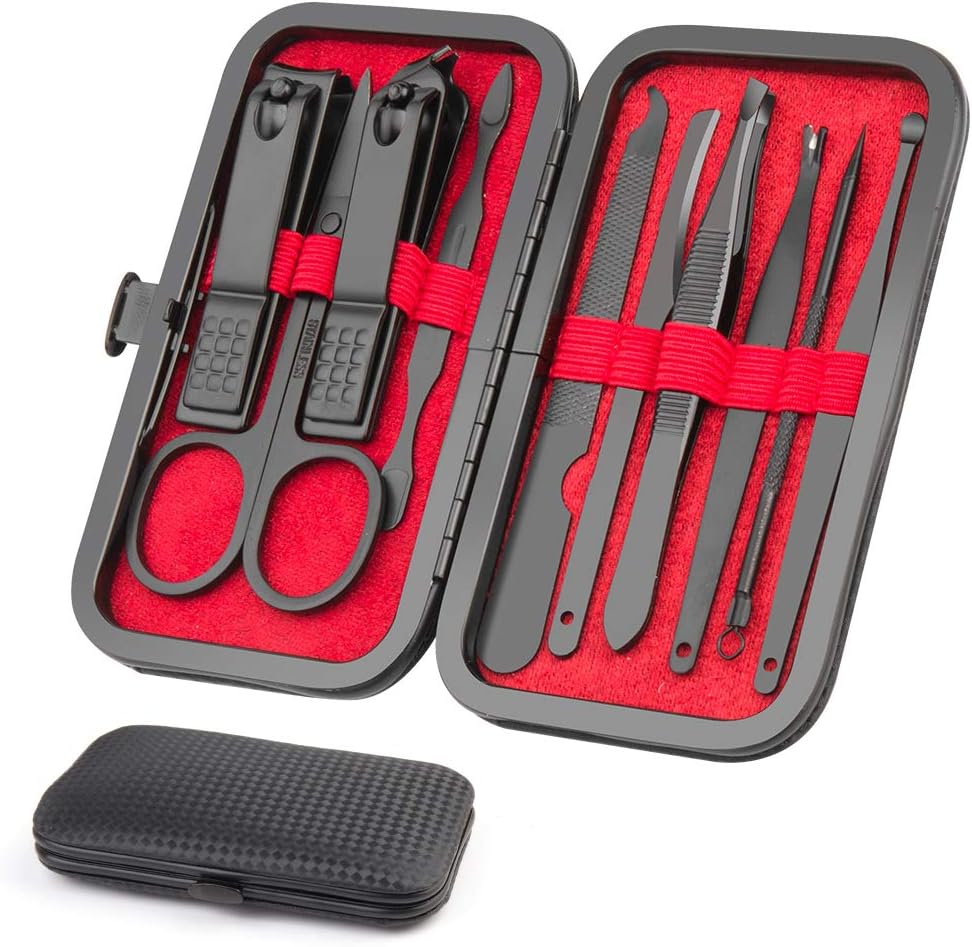 Set de manicura y pedicura portátil de 10 piezas en color negro y rojo.