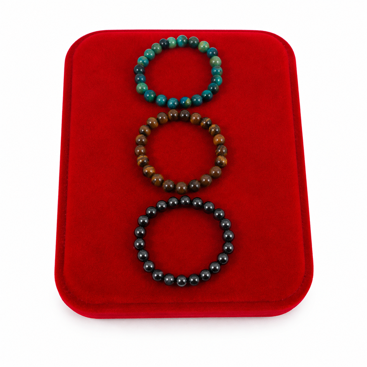 Set de 3 Pulseras Elásticas de Cuentas Naturales en Tonos Turquesa, Ojo de Tigre y Negro.