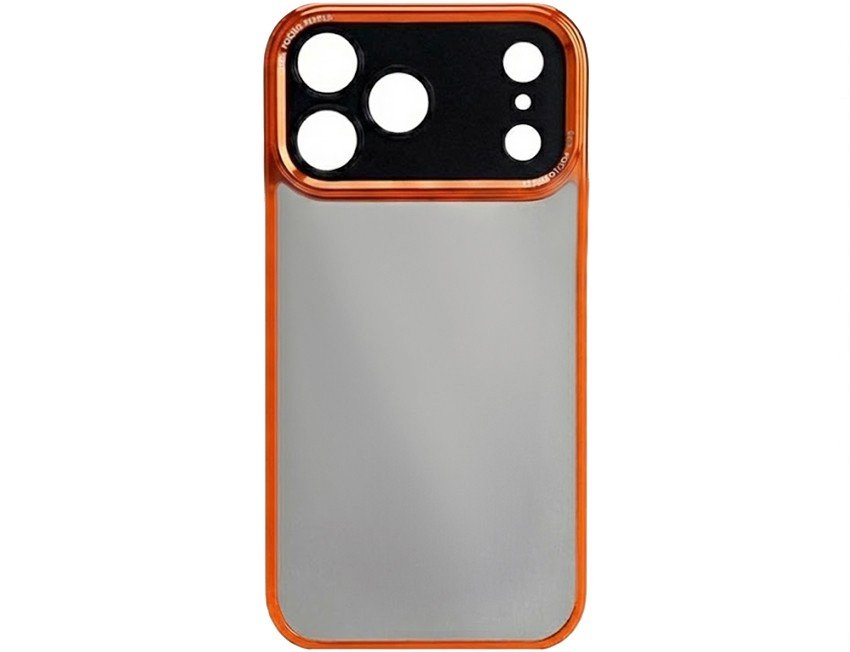 Case para iPhone 17 Pro de Taksa presenta un vibrante borde naranja y un diseño "Crystal Case" con un módulo de cámara protecto
