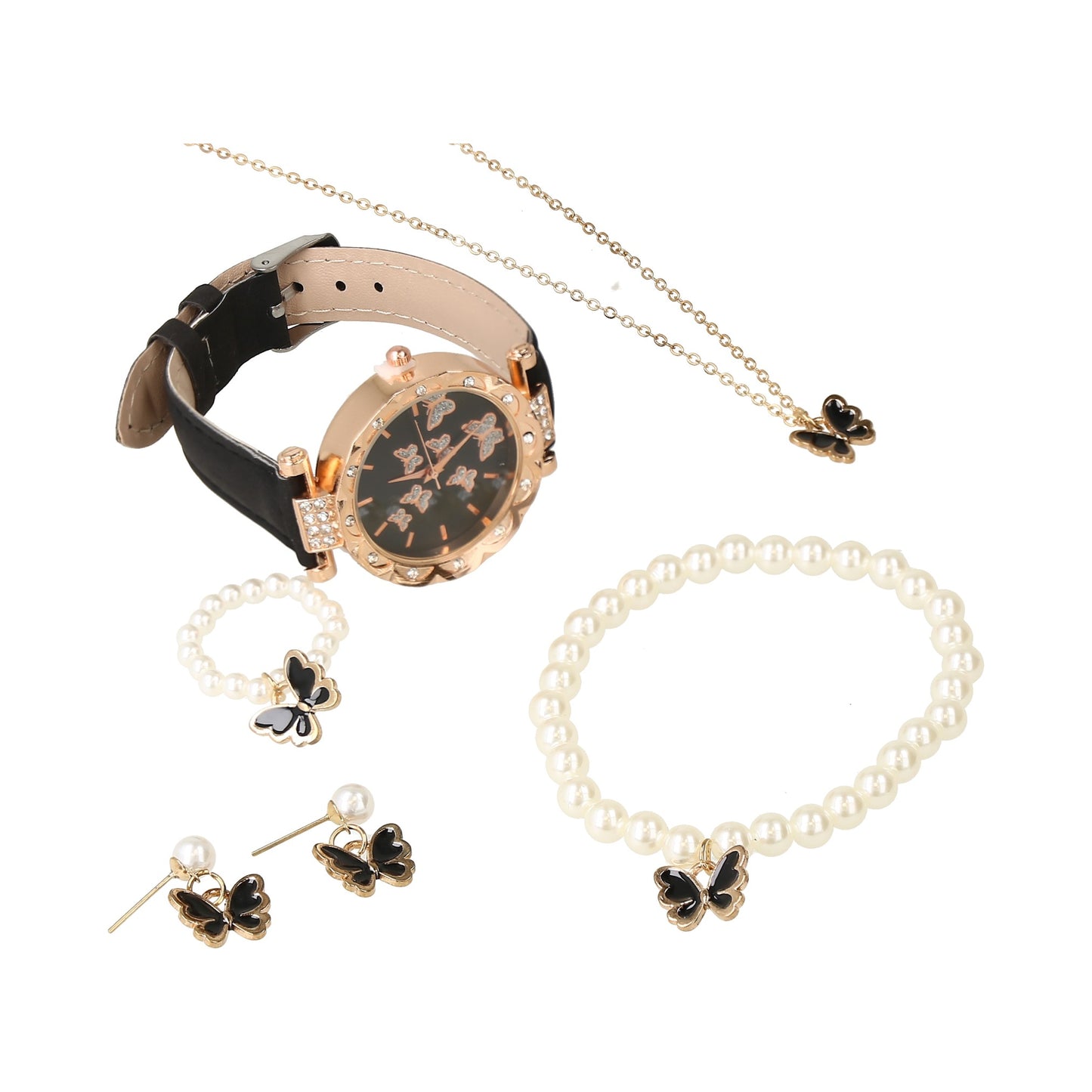 kit de pulsera, reloj, aretes, anillos y collar, mariposa.