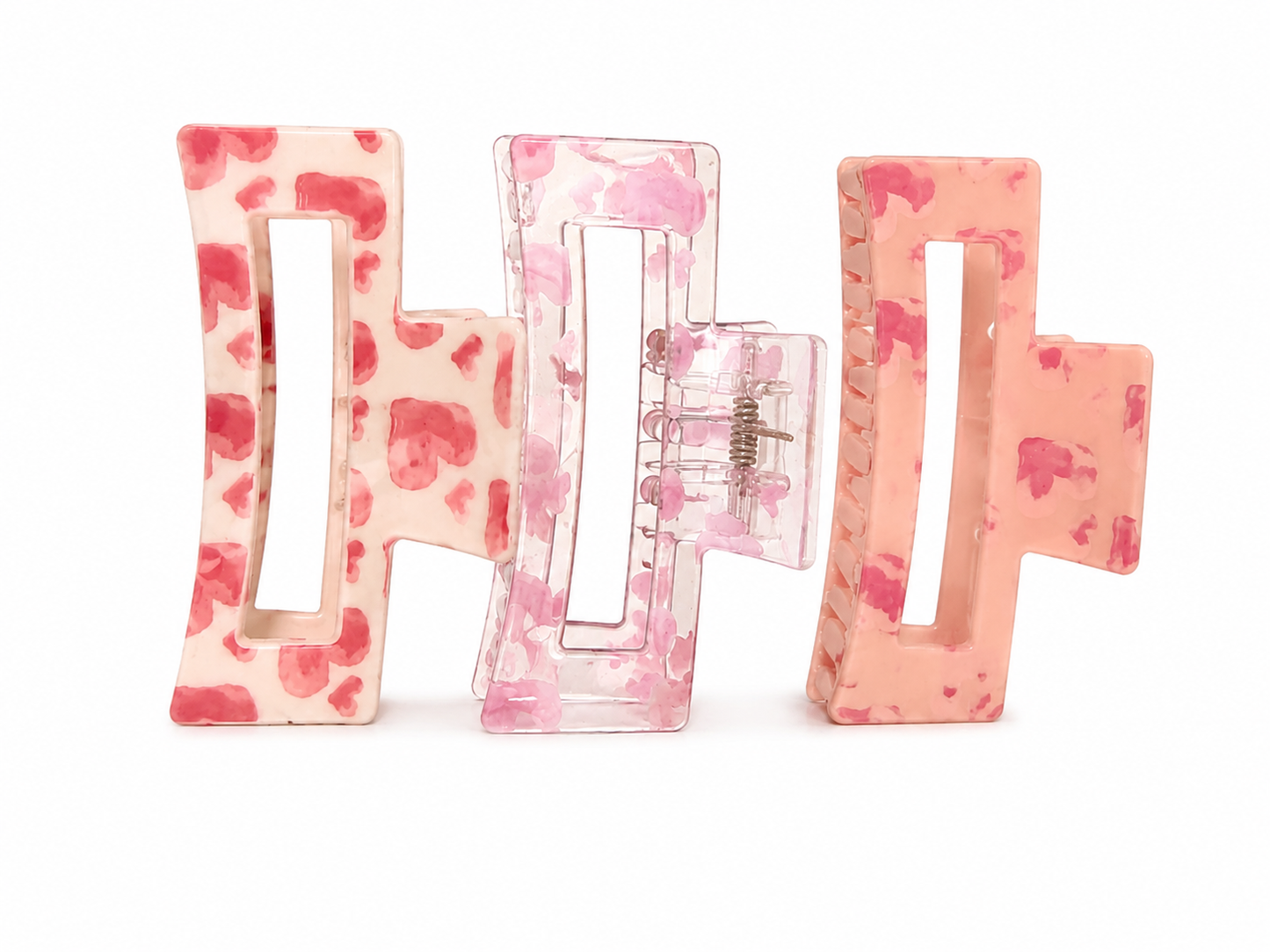 Set de 3 Pinzas Rectangulares para Cabello Color Rosa Marmoleado.