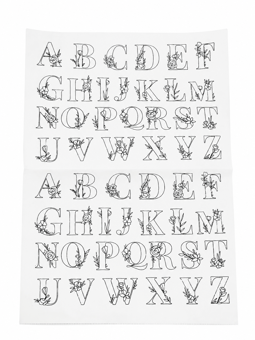 Lámina de Letras del Alfabeto con Diseños Florales Decorativos para Manualidades.