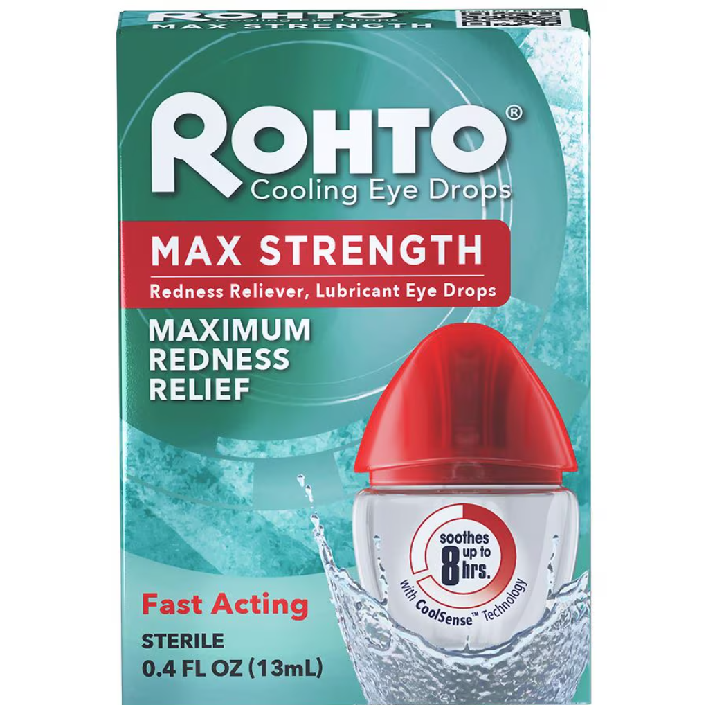 Gotas para los ojos para aliviar el enrojecimiento máximo, con un diseño de botella roja y blanca característica