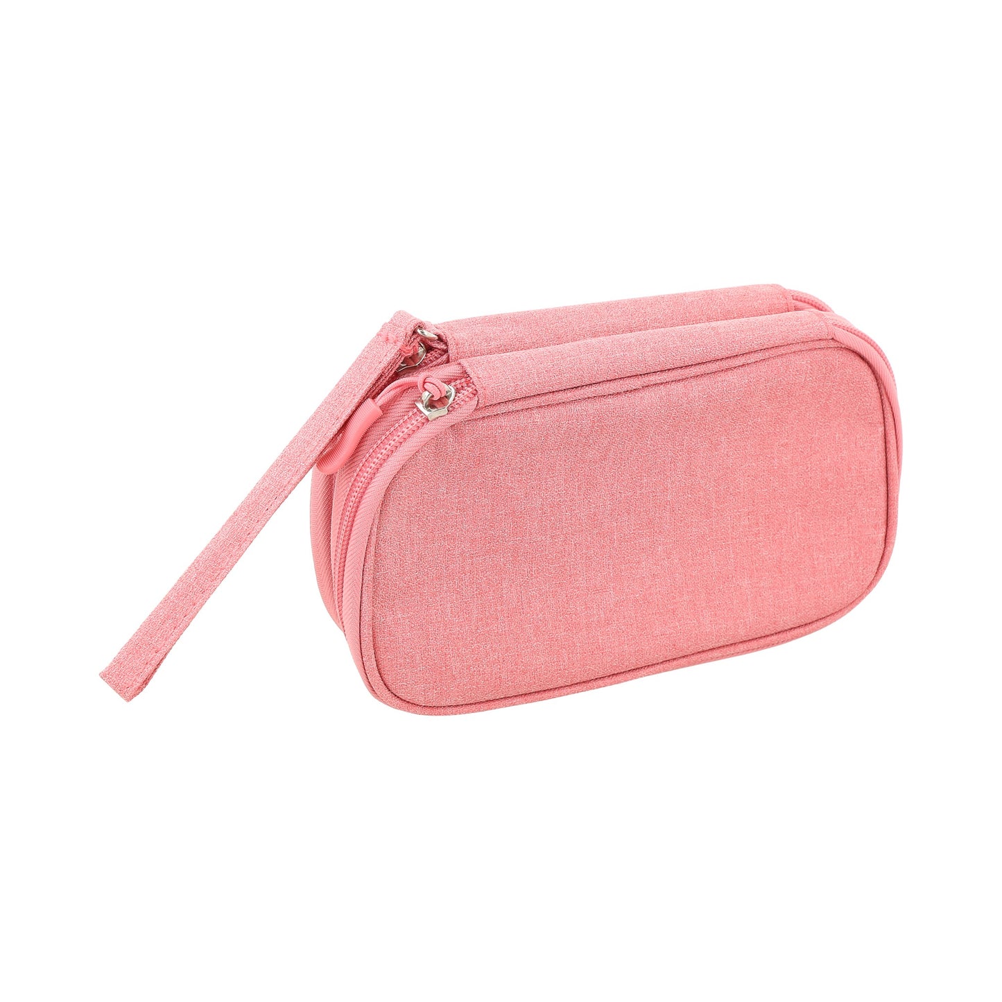 estuche organizador de color rosa con doble cremallera,